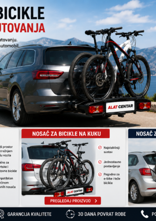 nosač za bicikl na automobilu montiran na kuku s pričvršćenim biciklom za siguran prijevoz
