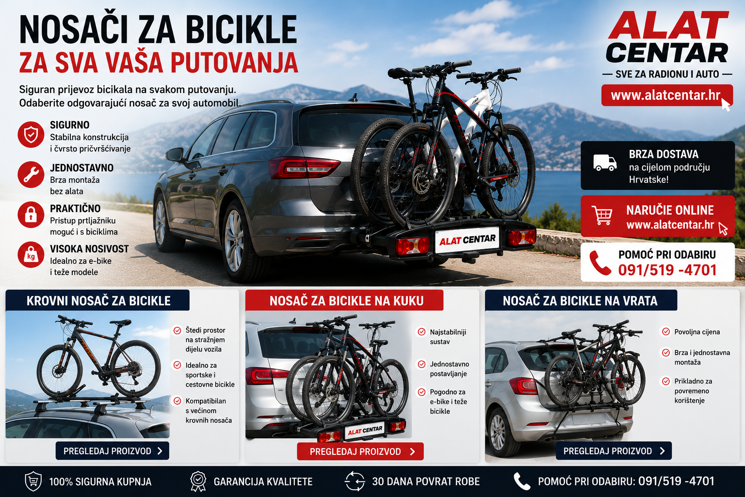 nosač za bicikl na automobilu montiran na kuku s pričvršćenim biciklom za siguran prijevoz