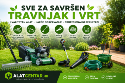 Vrtni alat za odrzavanje travnjaka – kosilica, trimer, grablje za ravnanje, puhac, vrtno crijevo i rasipac trave.